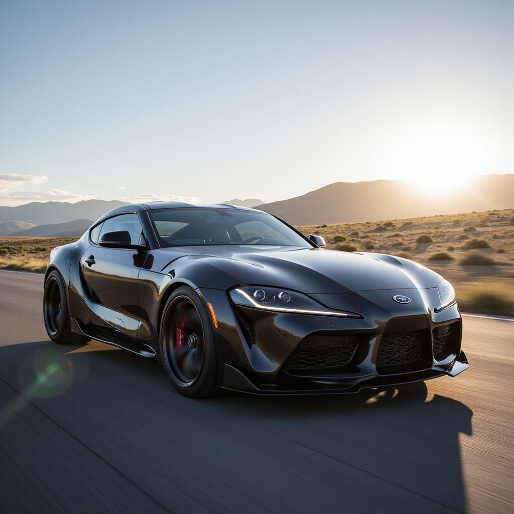 Black Toyota Supra sports car driving on a desert road at sunset.