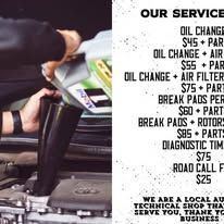 Mechanic changing oil, with service menu detailing costs for oil changes, brakes, and diagnostics.