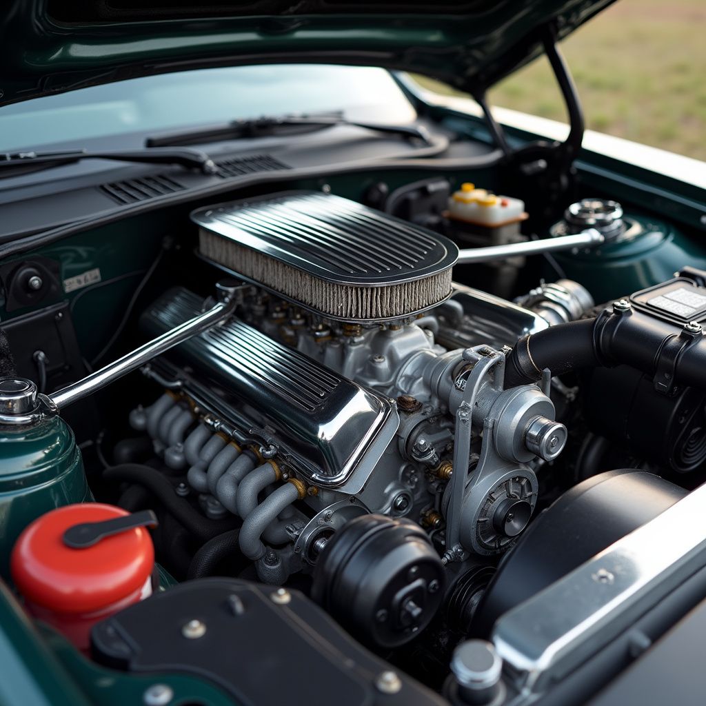 Green car engine with silver components, red cap, black belt and casing, viewed from above.