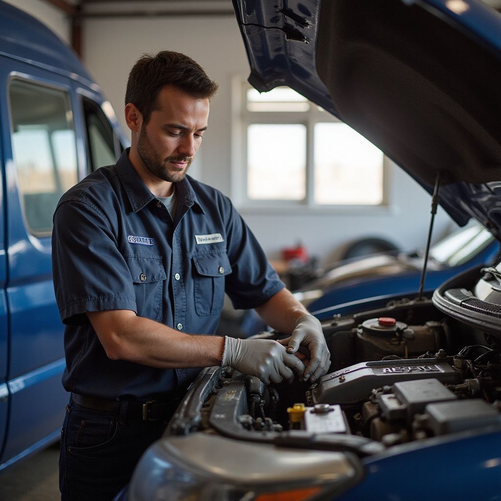 Mechanic in blue uniform working on a car engine, wearing gloves, in a garage.