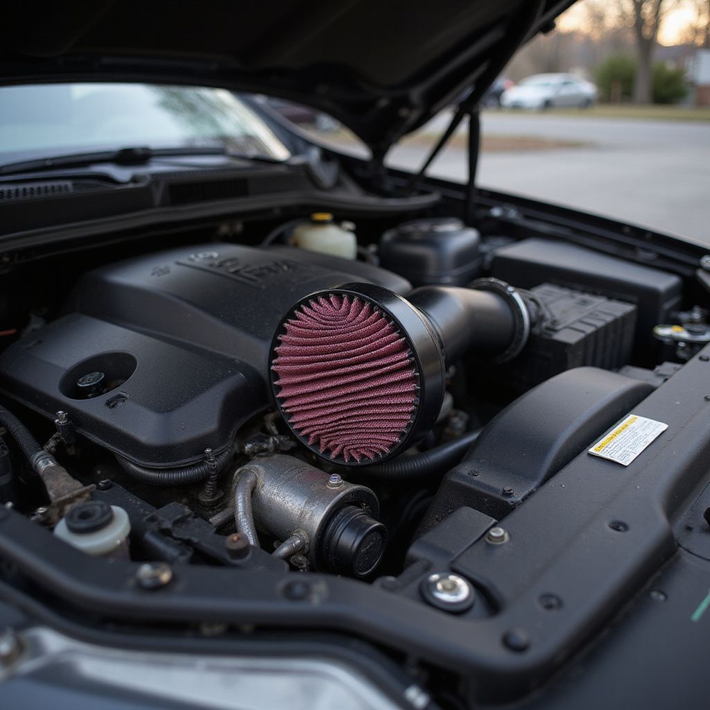 Car engine with red air filter installed, black components, outdoors.