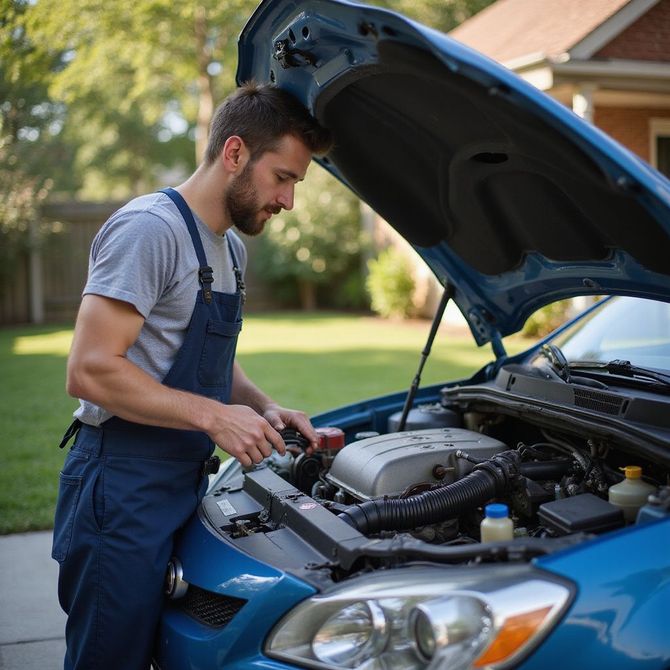 Mechanic in blue overalls examines car engine, outdoors, near a house; blue car and hood open.
