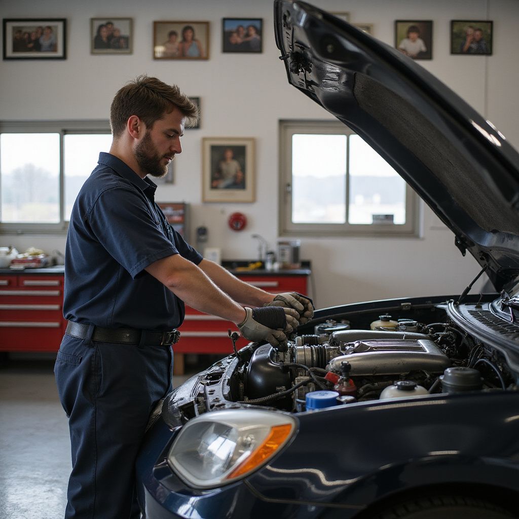 Mechanic working on a car engine in a garage.