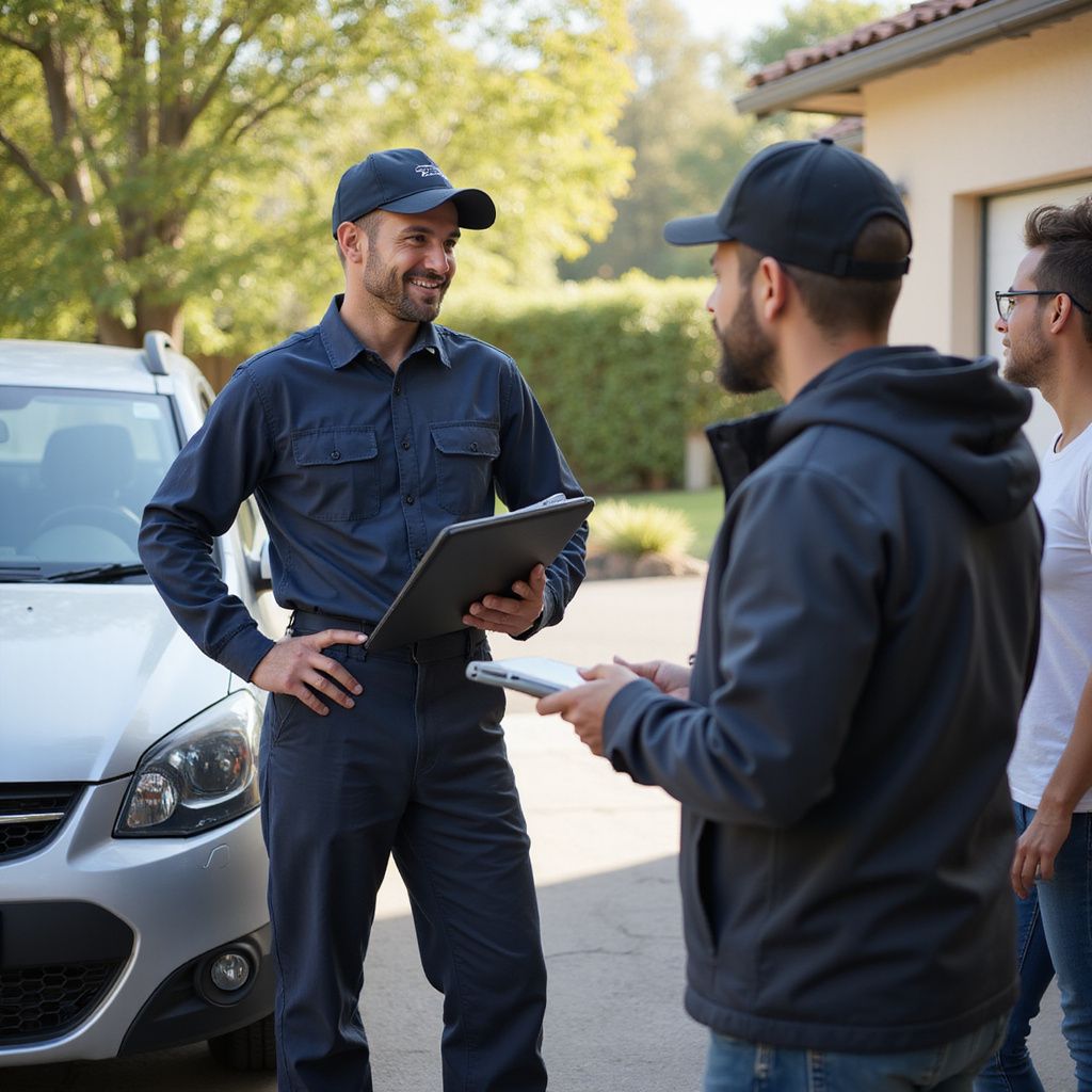 A technician in blue uniform discusses work order with two men near a car.