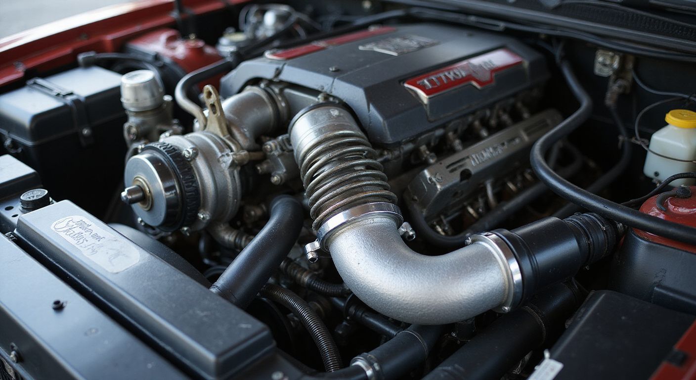Close-up of a car engine with a supercharger and intake, black and red detailing.