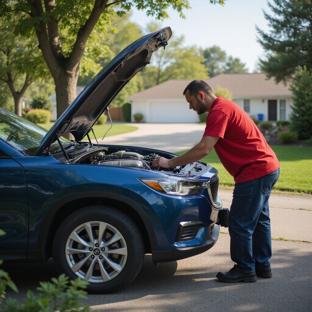 Man in red shirt working on blue car engine outdoors.