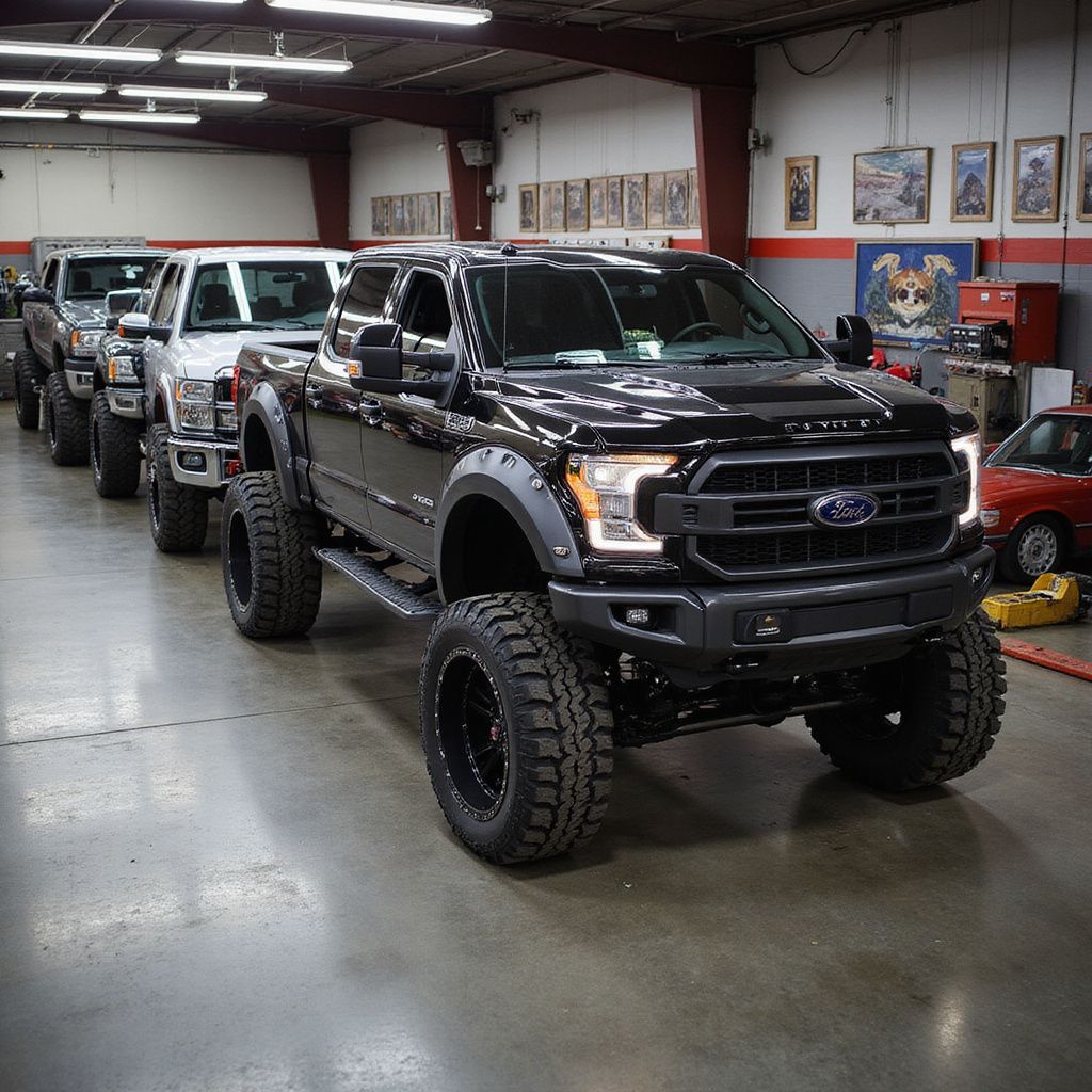 Black lifted Ford truck in a shop, with others in line.