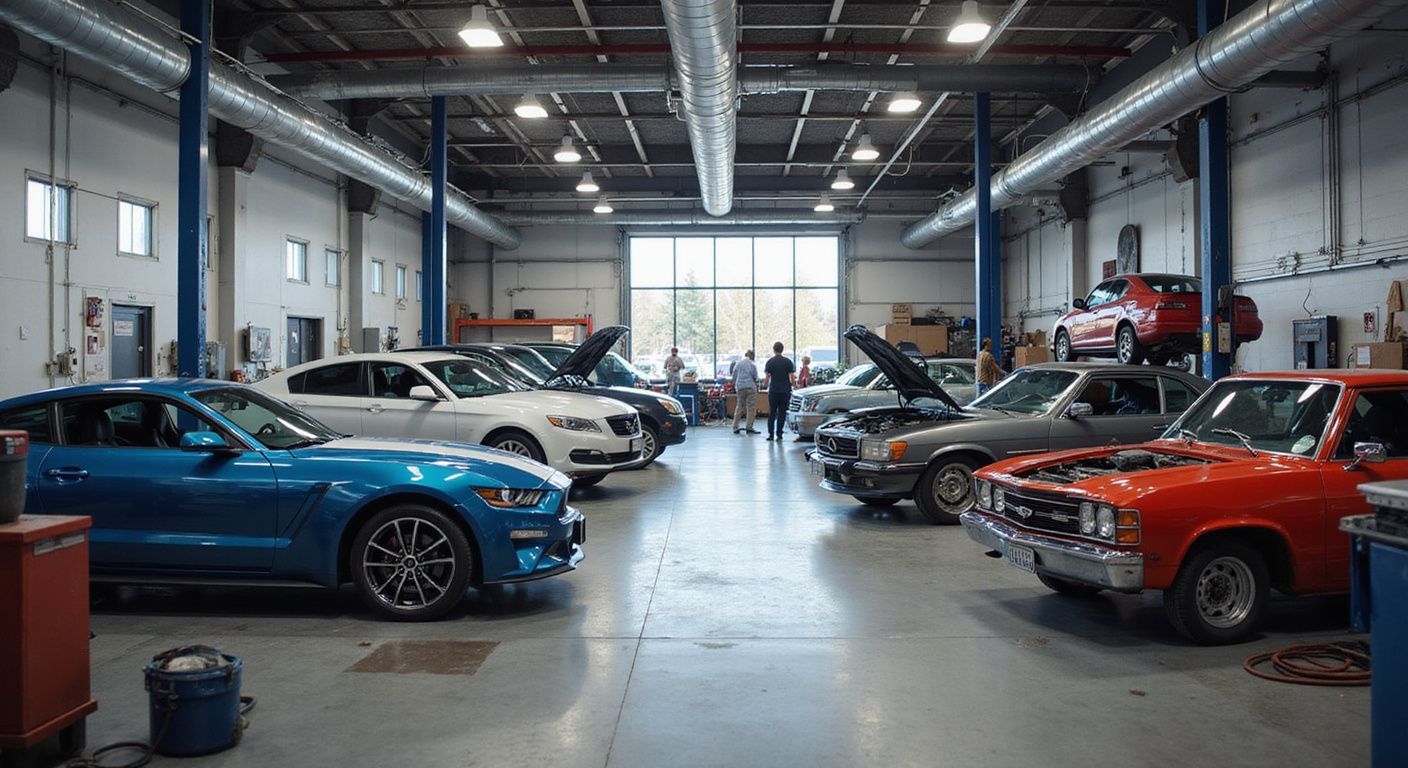 A garage with various cars in for repair, mechanics visible. Blue Mustang in foreground, overhead lights, open doorway.