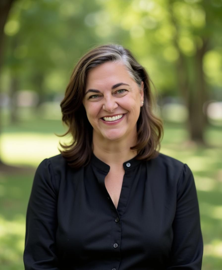 A woman in a black shirt is smiling in a park.