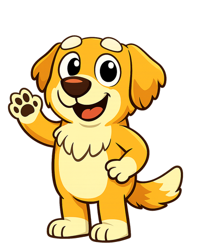 cartoon image of smiling waving golden retriever dog daniel
