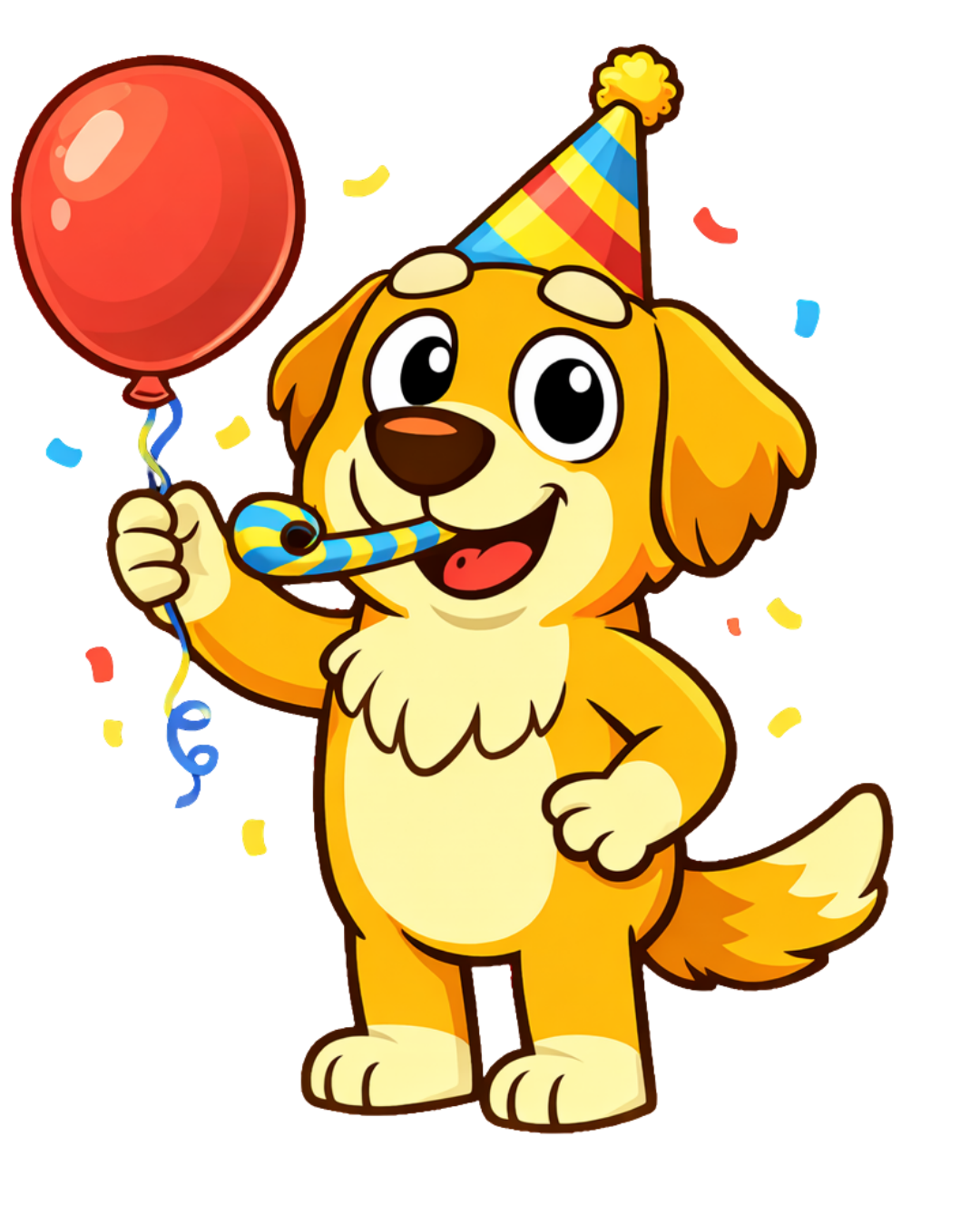Daniel the dog celebrating holding a balloon