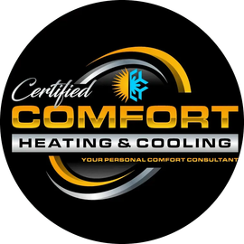 Certified Comfort Heating & Cooling logo: Black circle, gold/silver swoosh, sun/snowflake icon, 