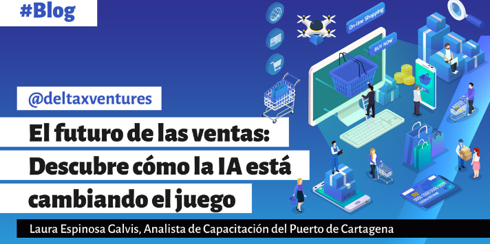 Una pancarta azul con una computadora y personas en ella.