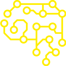 Un icono amarillo de un cerebro hecho de líneas y círculos.