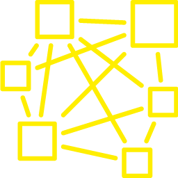 Un icono amarillo de una red de líneas y cuadrados sobre un fondo blanco.