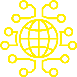 Un icono amarillo de un globo rodeado de líneas de circuito.