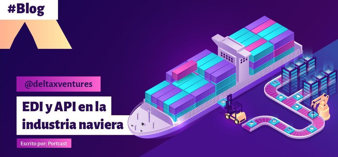 Una ilustración de un barco lleno de contenedores sobre un fondo morado.