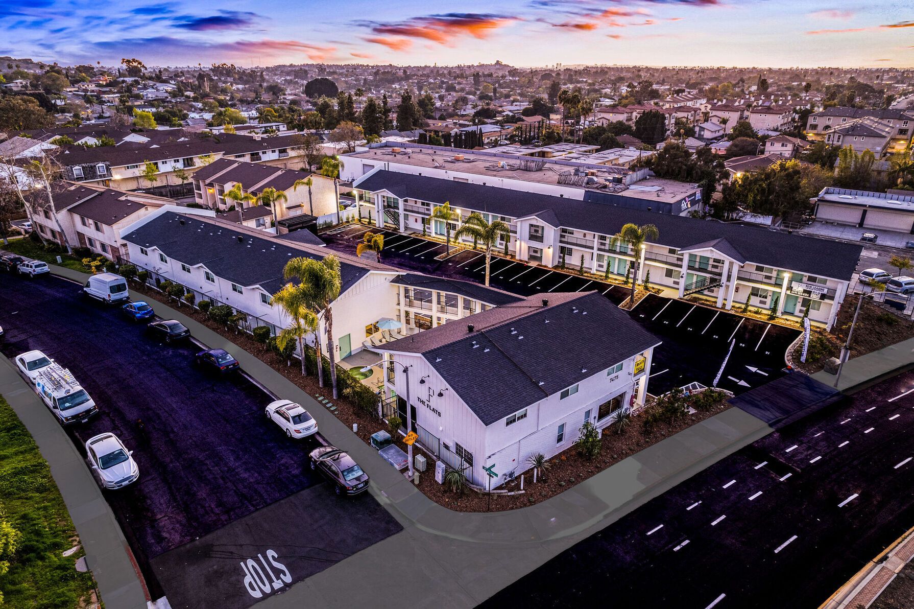 Photo of the community, shown at sunset