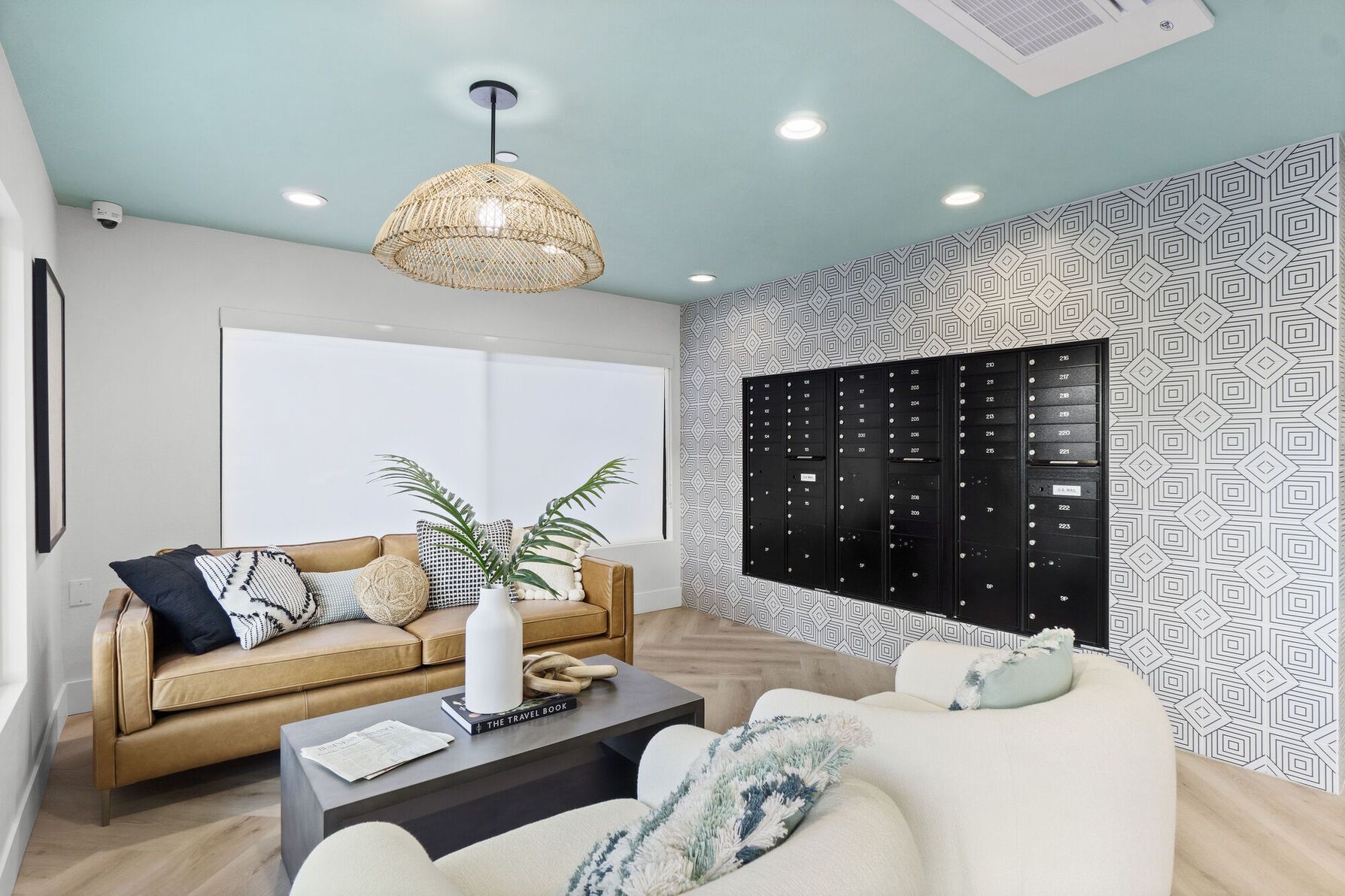 Photo of the lobby, with mailboxes