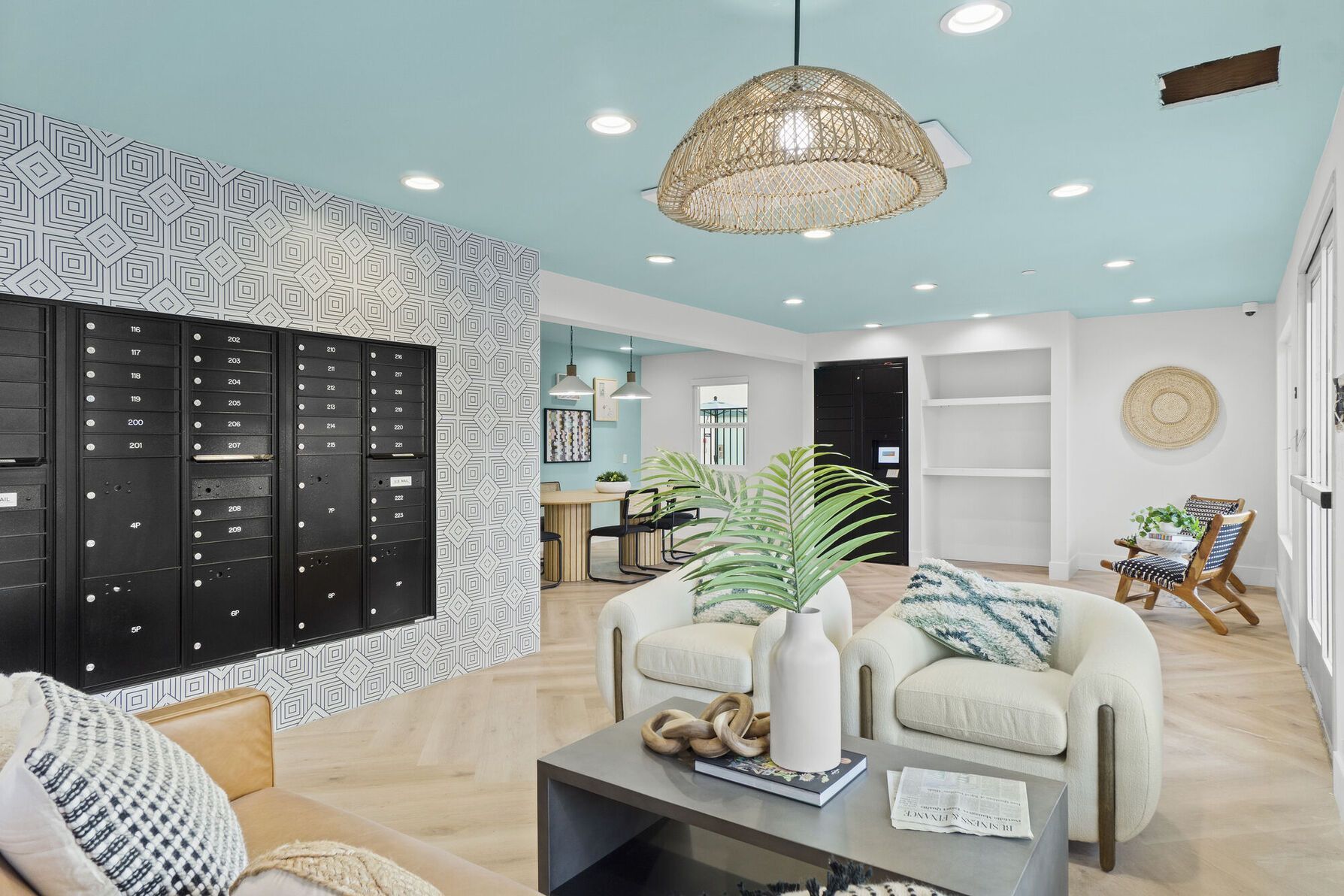 Photo of the community lobby, showing various places to sit