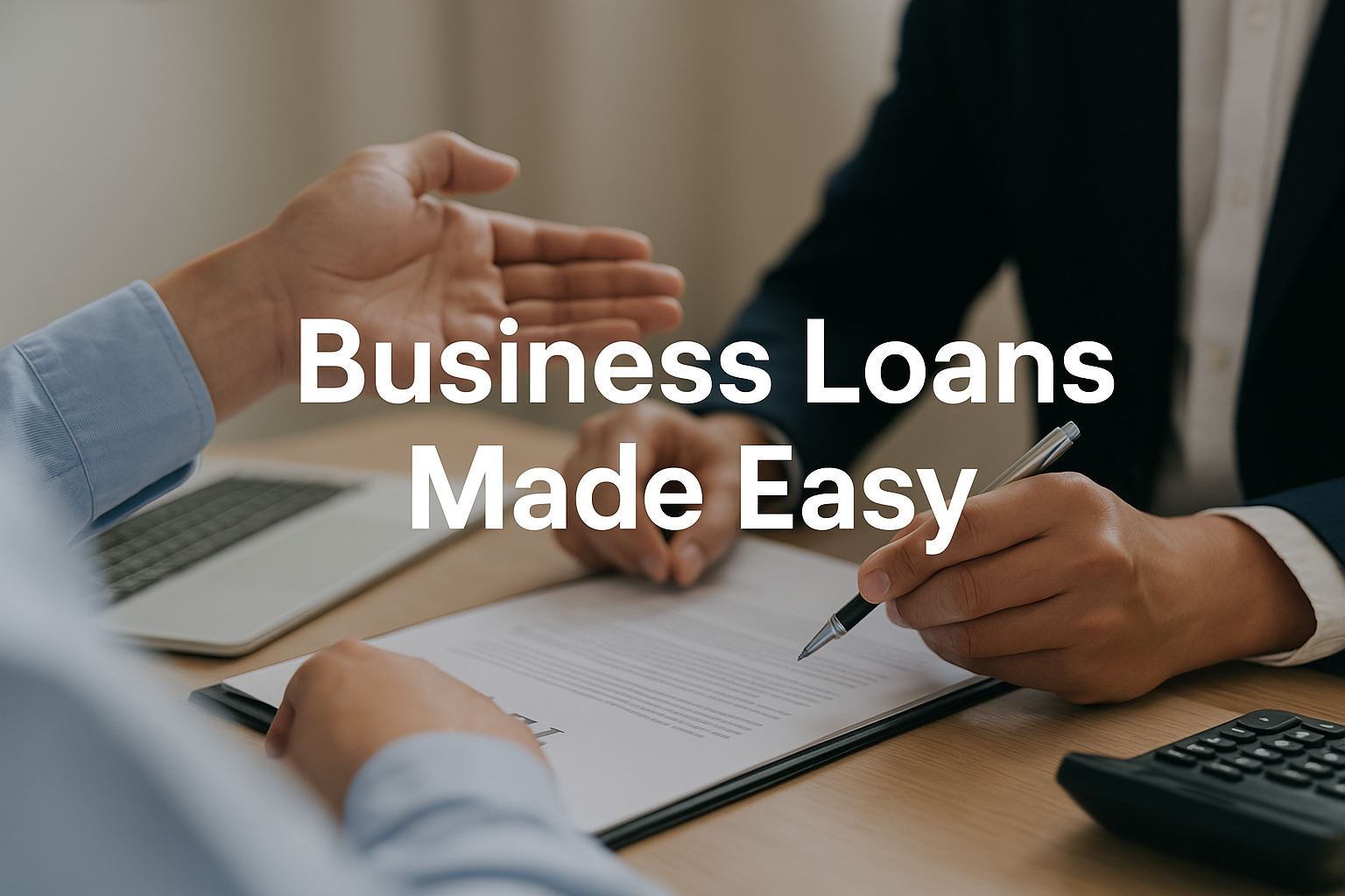 Two men are sitting at a table talking about business loans made easy.