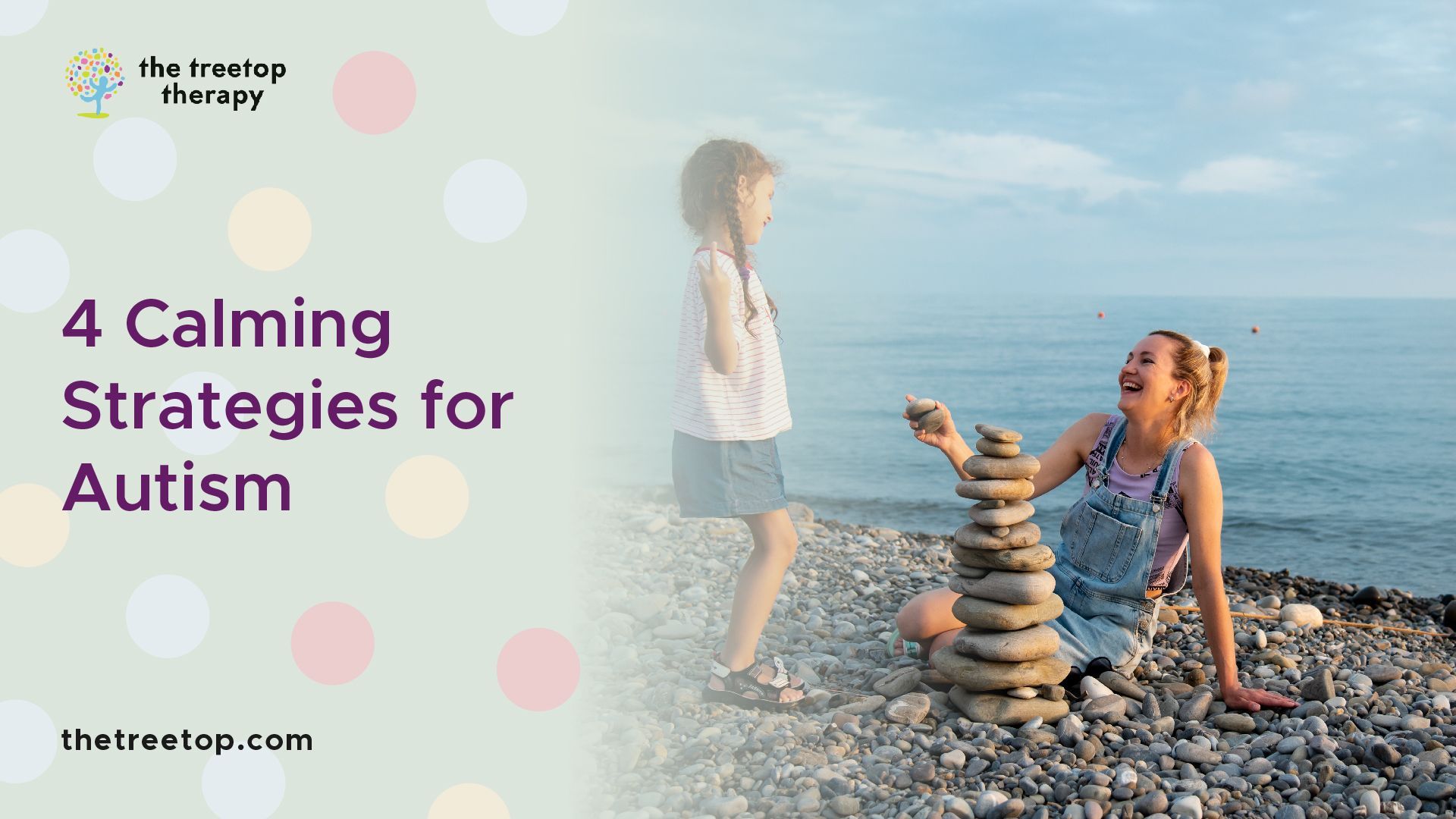 Woman building a stone tower near a beach, with a child watching, the image is branded with text: 