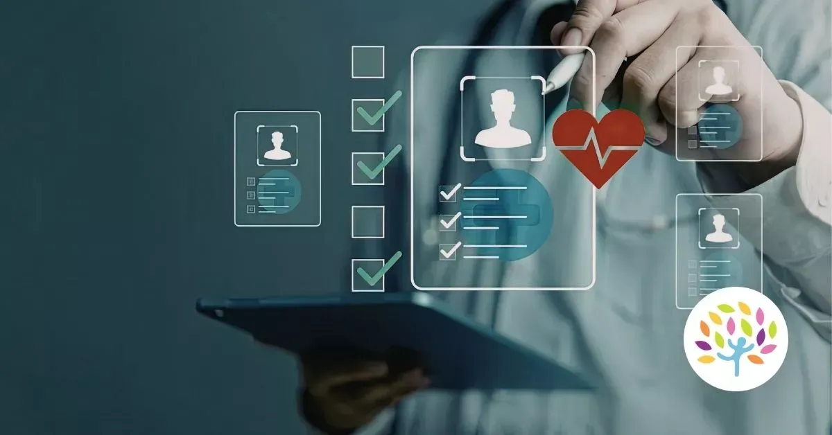 Person using a tablet with floating healthcare icons, checklist, and red heart in a digital interface