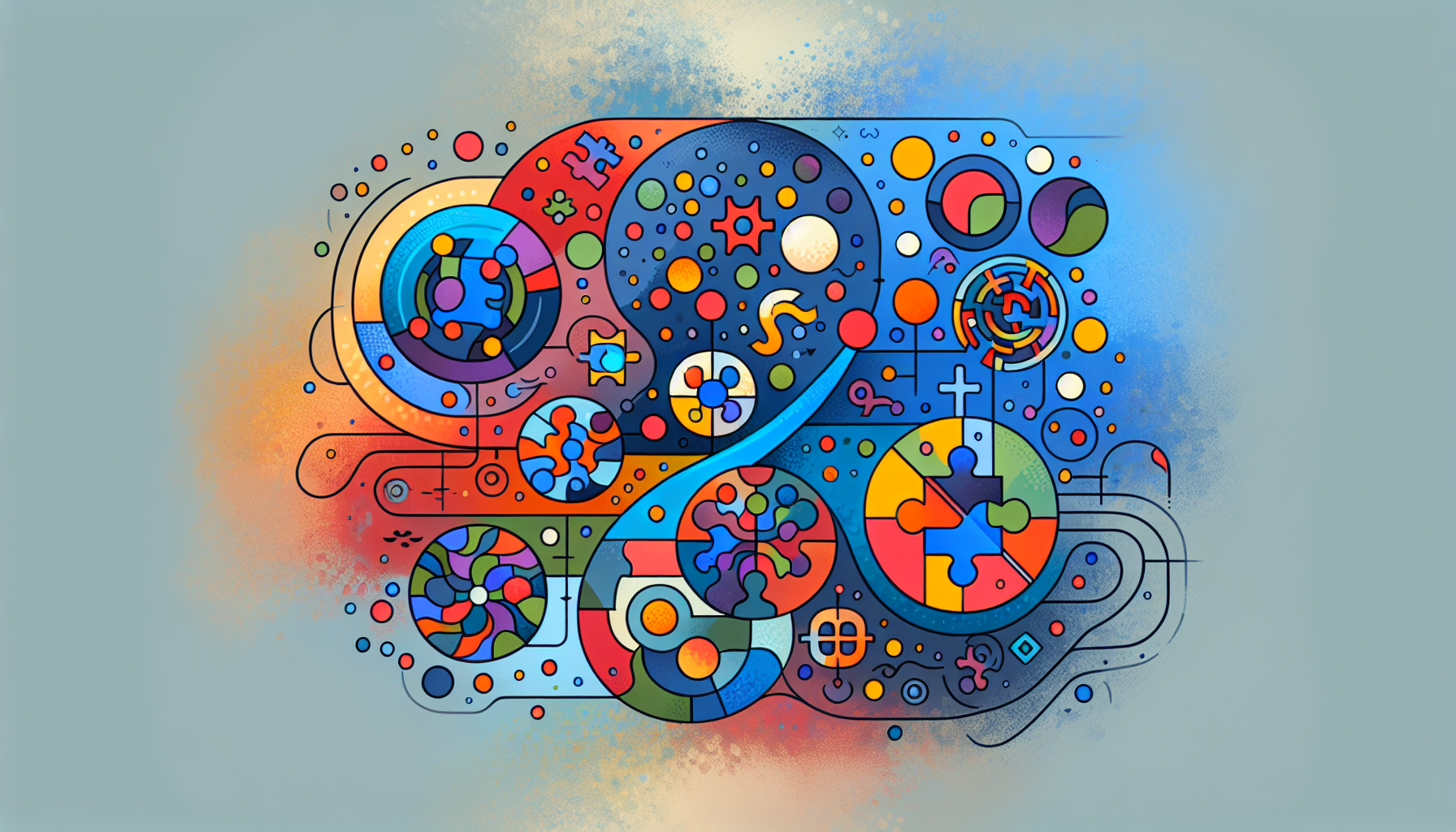 Colorful abstract design of connected circles with internal patterns on a pastel background.