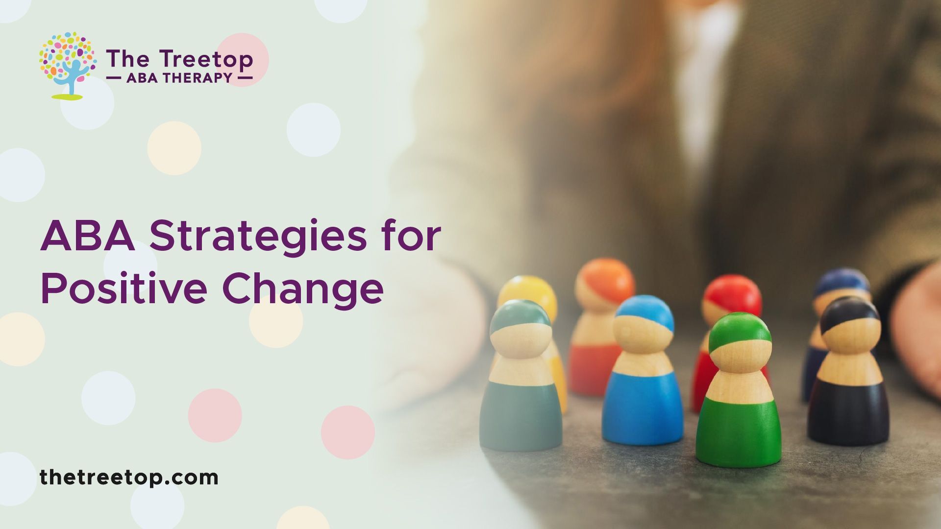 Colorful wooden figures on a table, title 