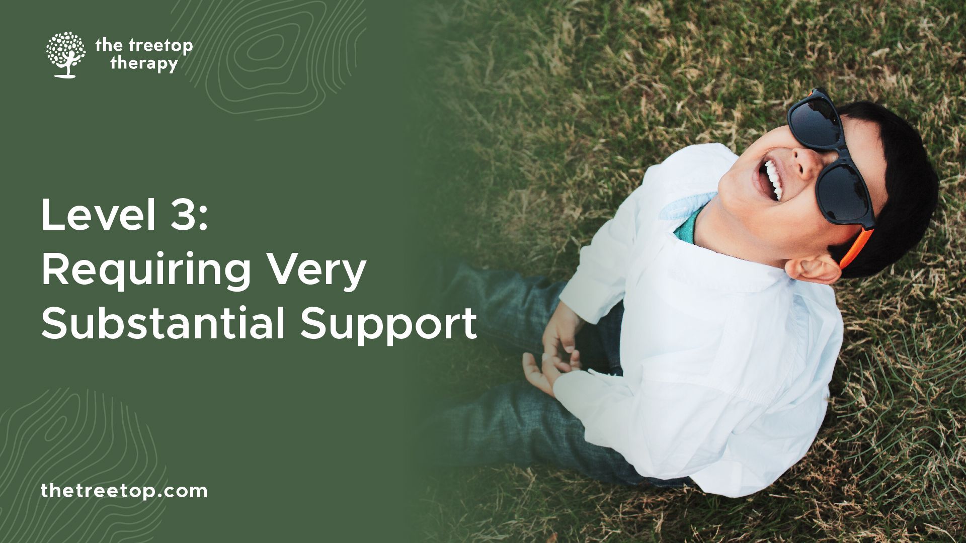 Boy wearing sunglasses lies on grass, looking upward and laughing. Text: Level 3: Requiring Very Substantial Support.