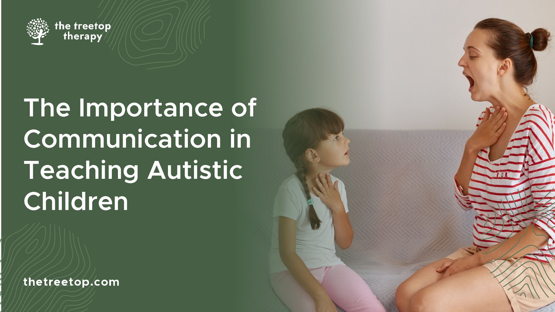 A woman and girl communicating; woman with open mouth, hand on throat. Text: 