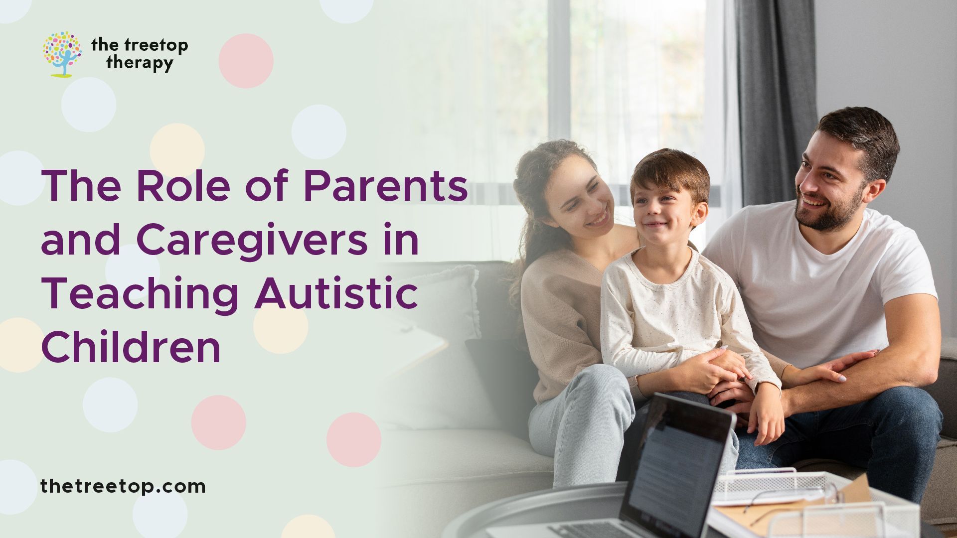 Parents with child, laptop on table, text: 