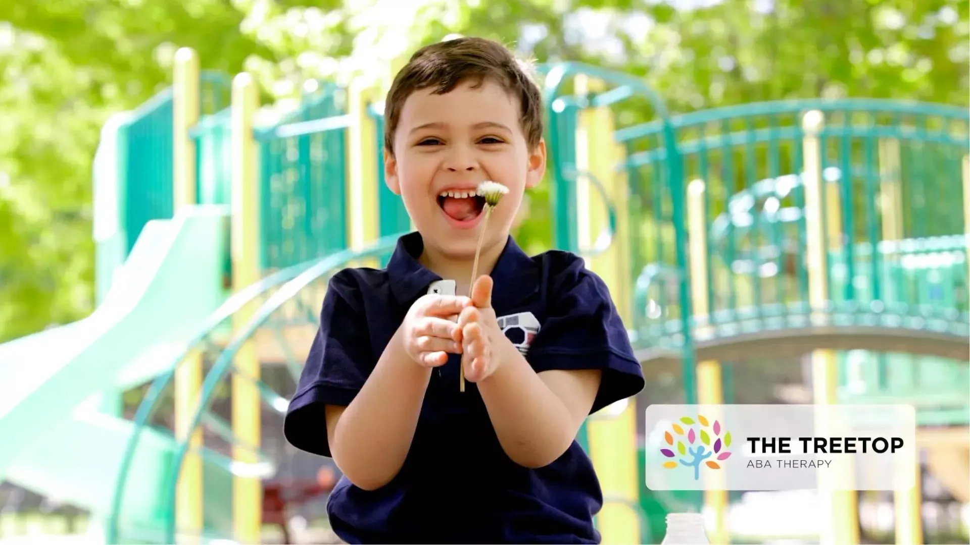 A happy child holding a dandelion in front of a playground, with The Treetop Therapy logo in the bottom corner.