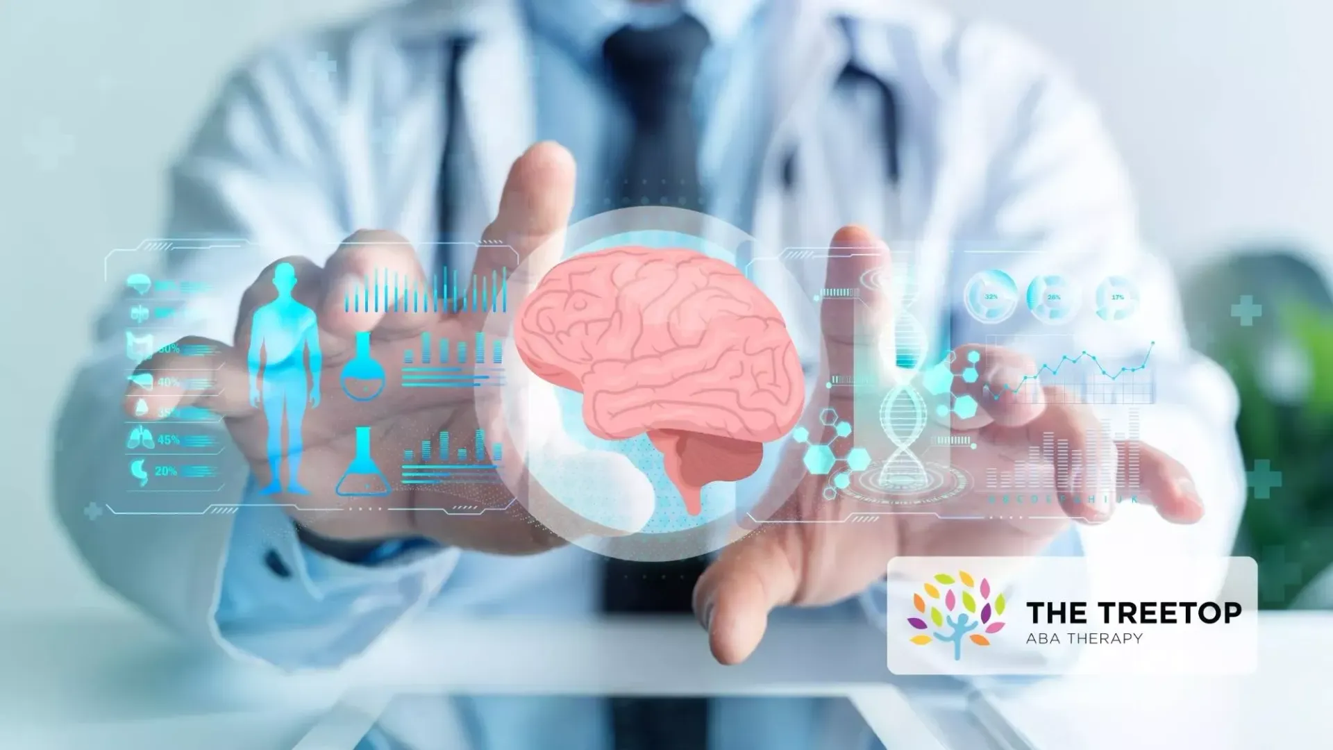 Doctor touching holographic brain and medical icons on a digital screen.