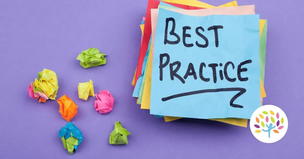 A stack of colorful sticky notes on a purple background; the top blue note reads 