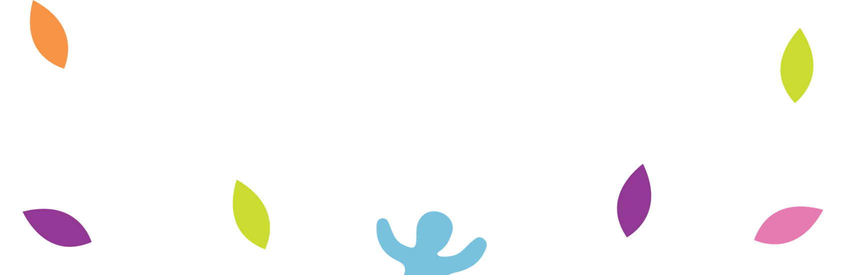 A light blue stick figure with arms raised surrounded by floating colorful leaves in orange, lime, purple, and pink.