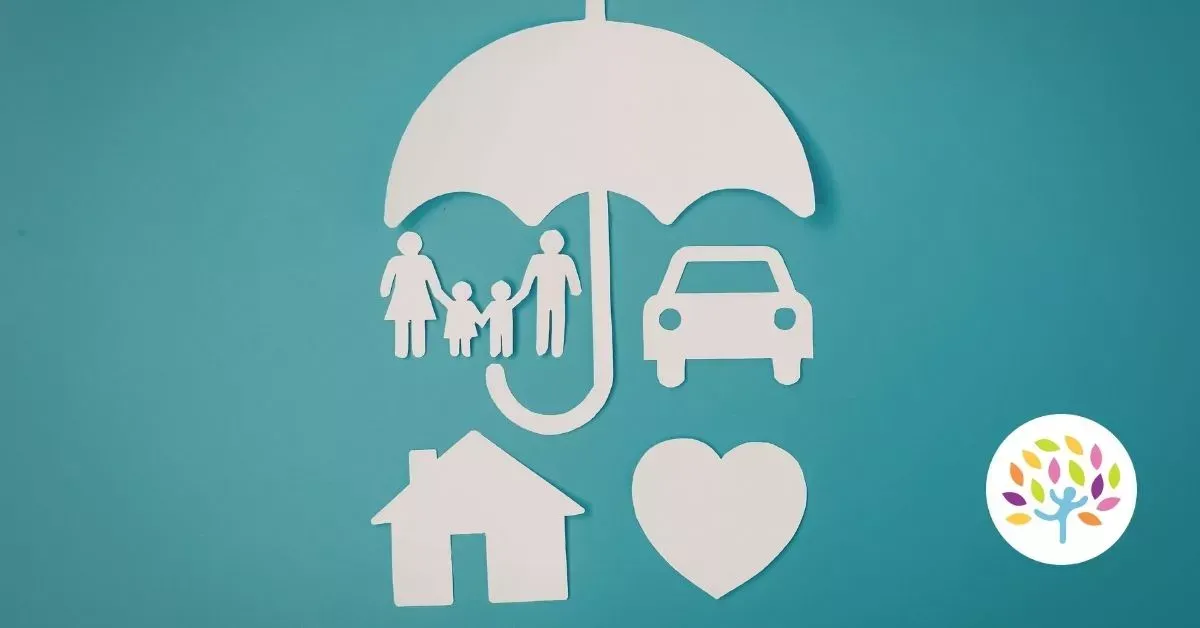 White umbrella over family, car, house and heart icons on teal background.