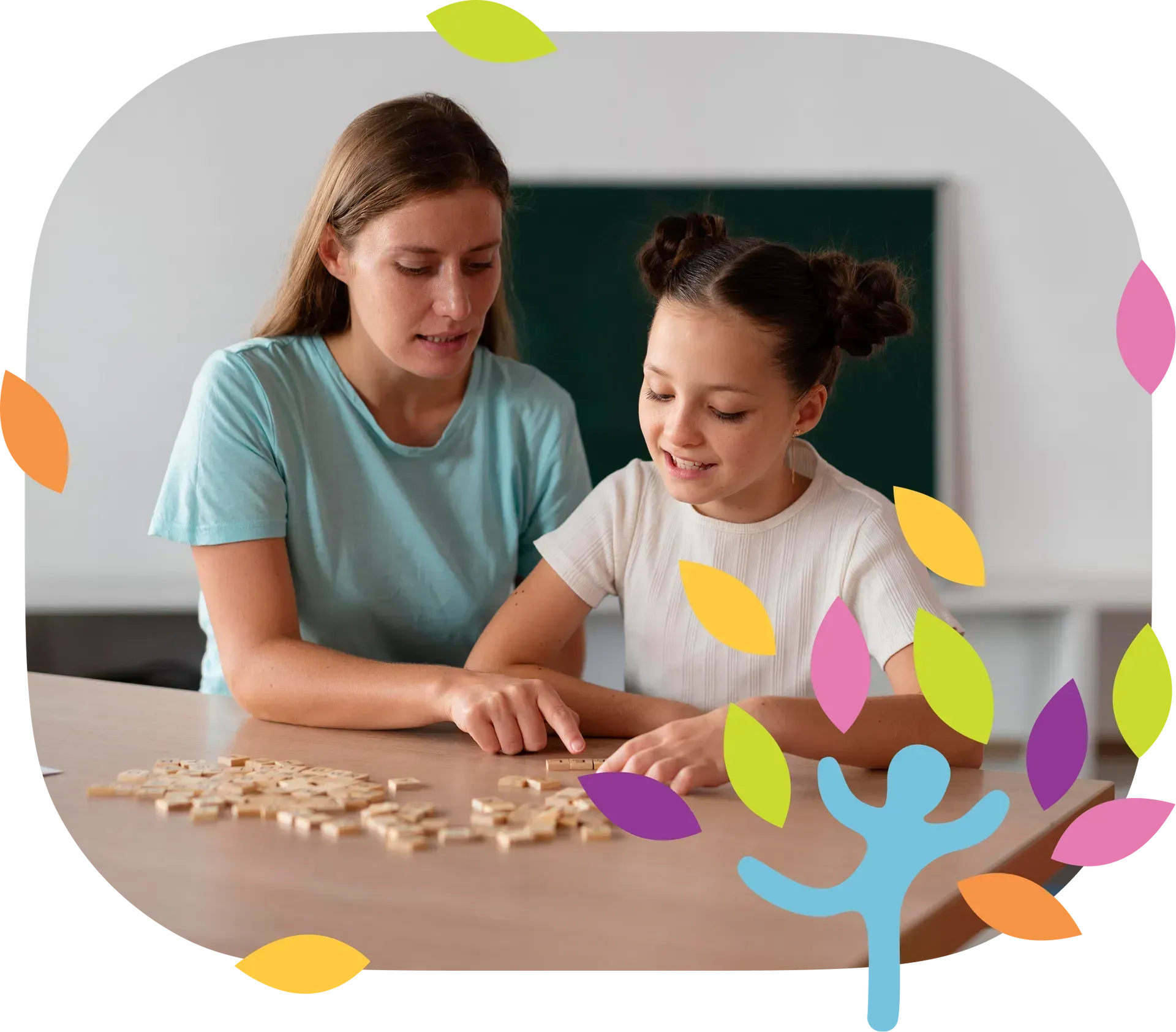 A person and a child sit at a table working on a wooden puzzle, with a decorative border of colorful leaves and a figure.