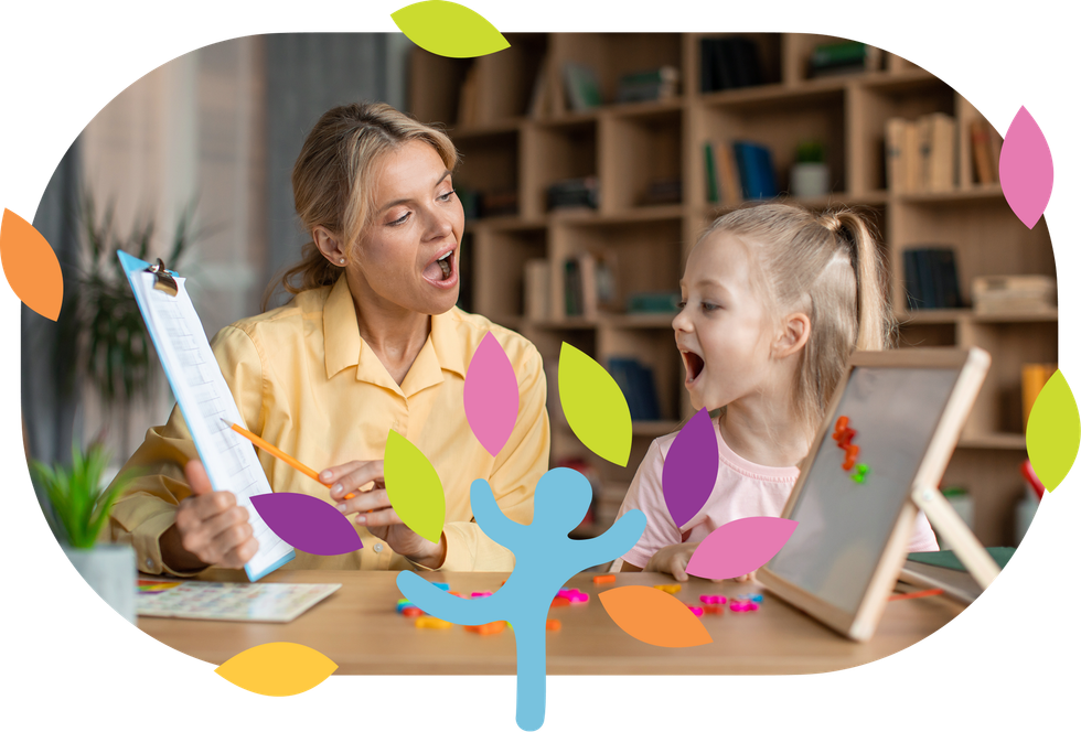 A tutor and child in a study room, both with mouths open, practicing speech exercises with a clipboard and board.