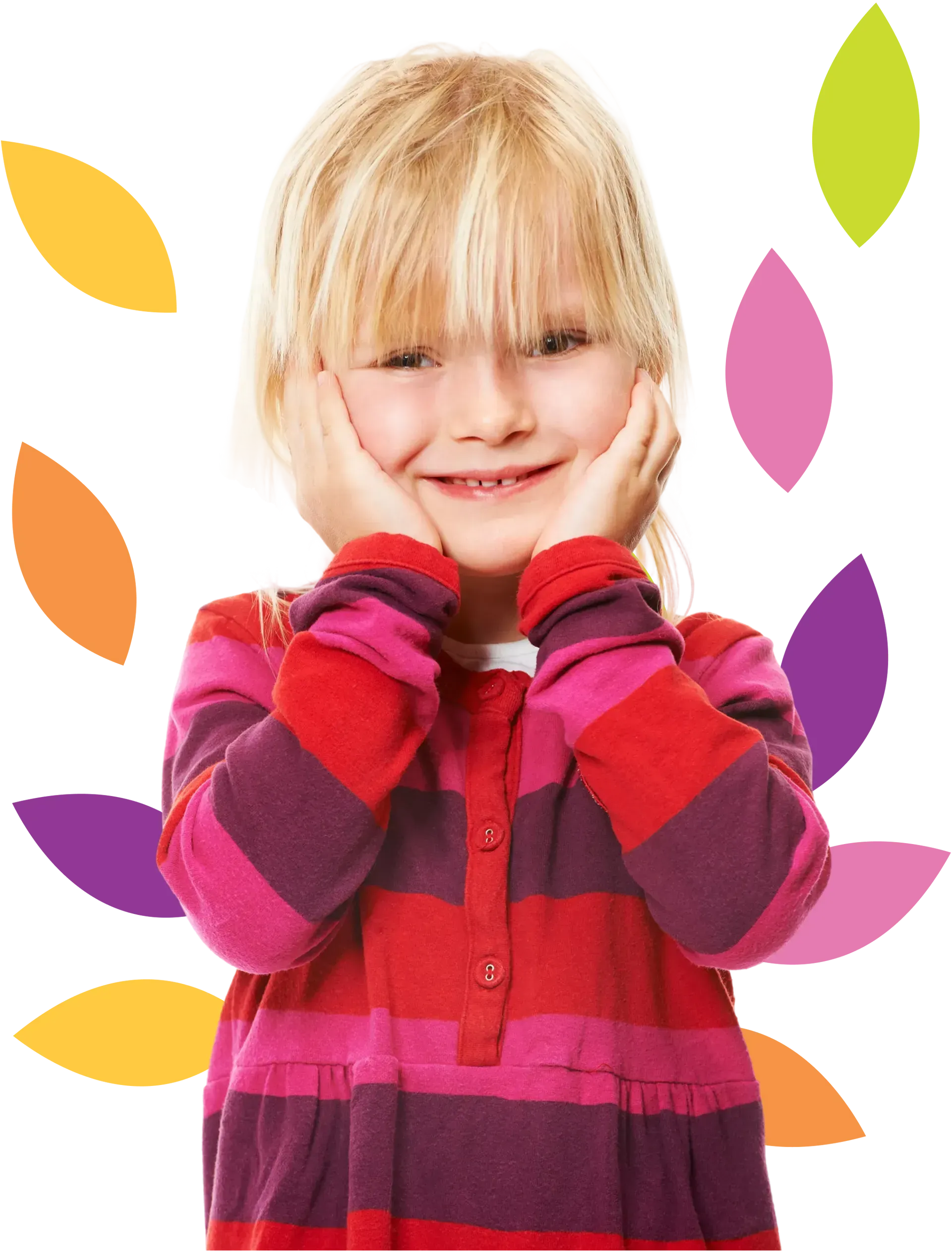 A smiling child with blonde hair wearing a striped pink and purple shirt, surrounded by colorful floating leaf shapes.
