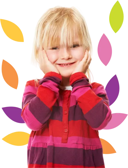 A smiling child with blonde hair wearing a striped pink and purple shirt, surrounded by colorful floating leaf shapes.