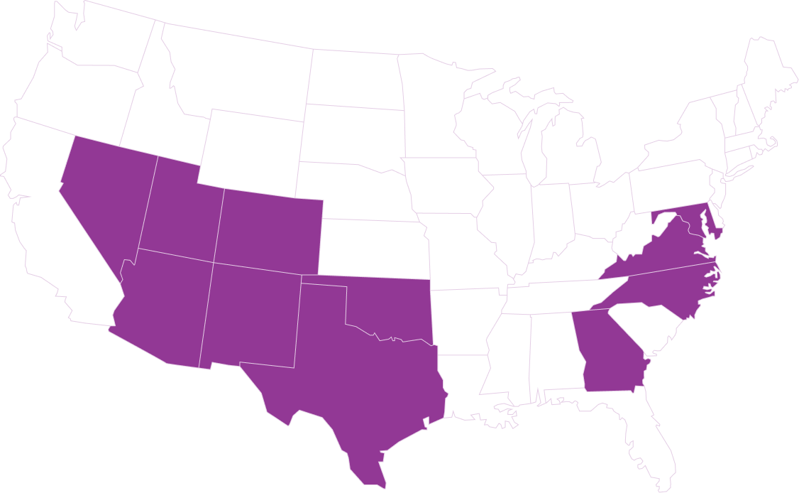 A map of the United States with two highlighted purple regions: the Southwest/South and the Southeast coast.