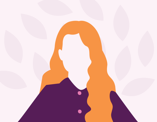 Stylized illustration of a faceless person with long, orange hair, wearing a purple shirt and a light leaf background.