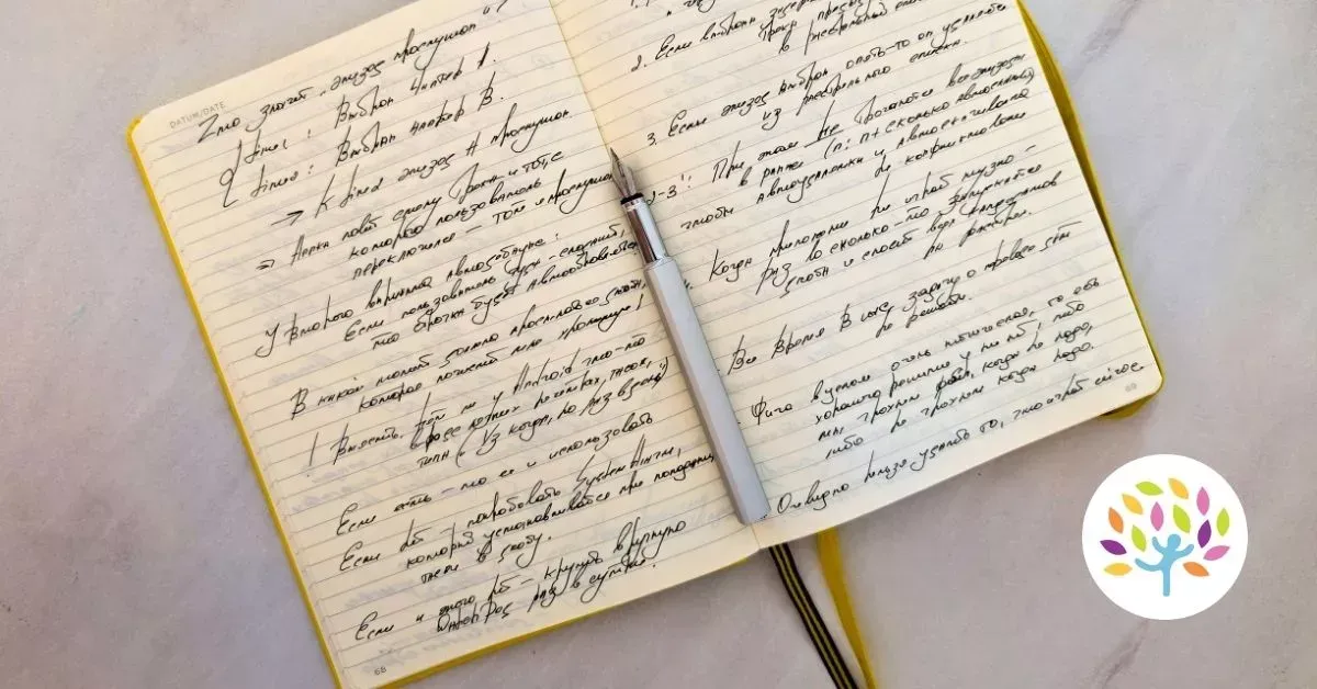 Open notebook with handwritten notes and a pencil on a light background