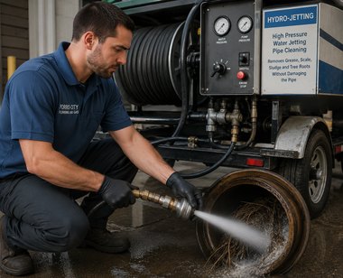 Worker pressure-washing a large hose reel and truck-mounted cleaning unit outdoors.