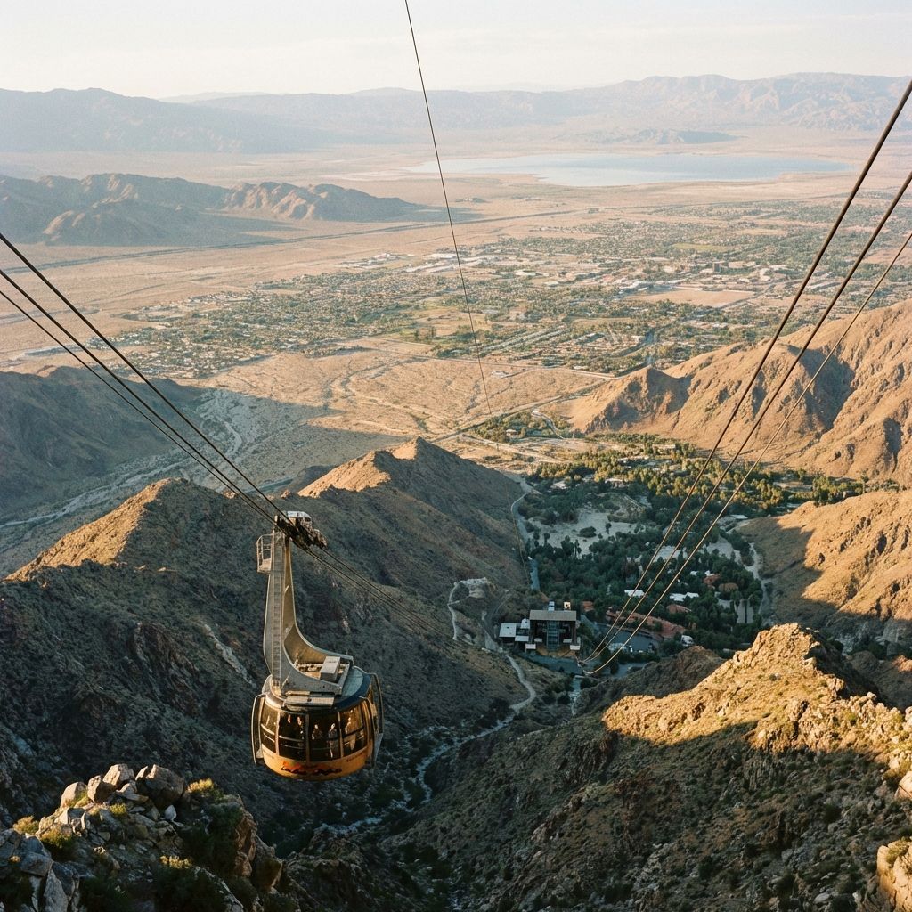 A tram car suspended on cables above a steep, rocky mountain slope overlooking a desert valley and town at sunset.