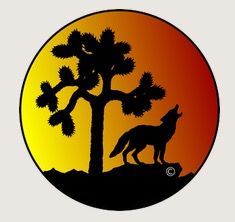 A silhouette of a howling wolf and a Joshua tree against a circular sunset gradient of yellow, orange, and red.
