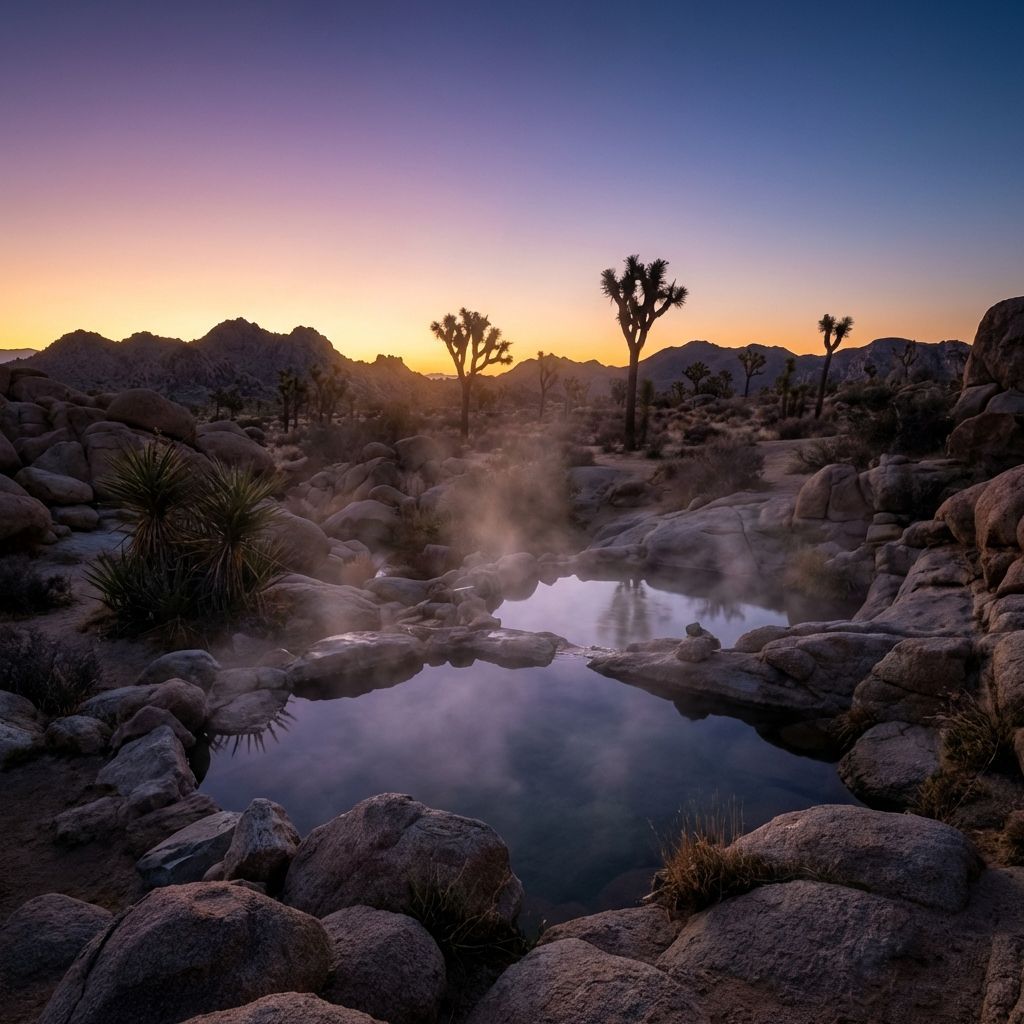 Steam rises from a small desert pool surrounded by rocky terrain and Joshua trees under a vibrant twilight sky.