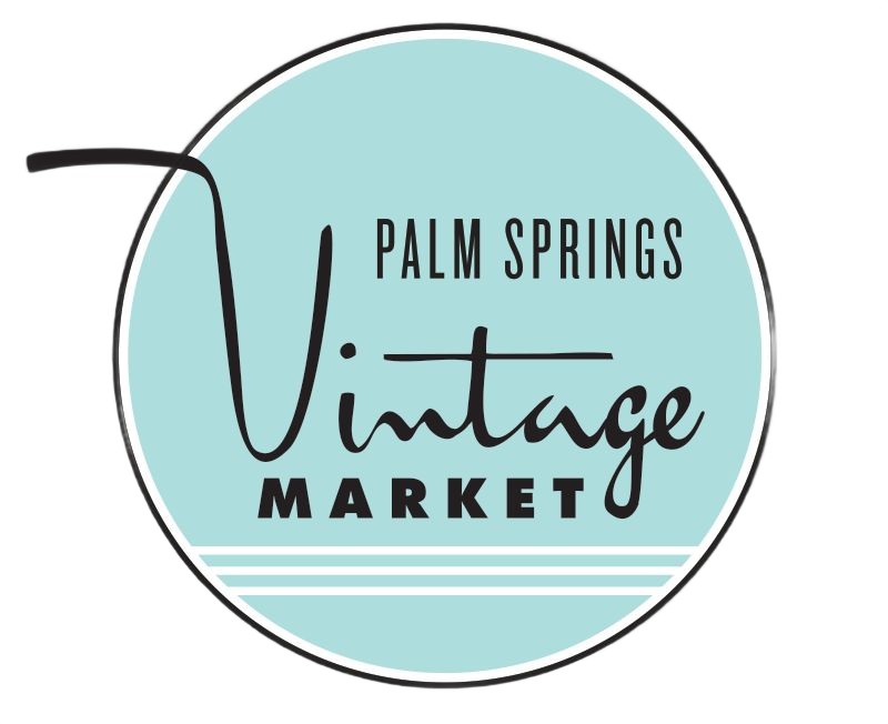 A circular light blue logo for the Palm Springs Vintage Market with black text and an icon of a shopping cart handle.