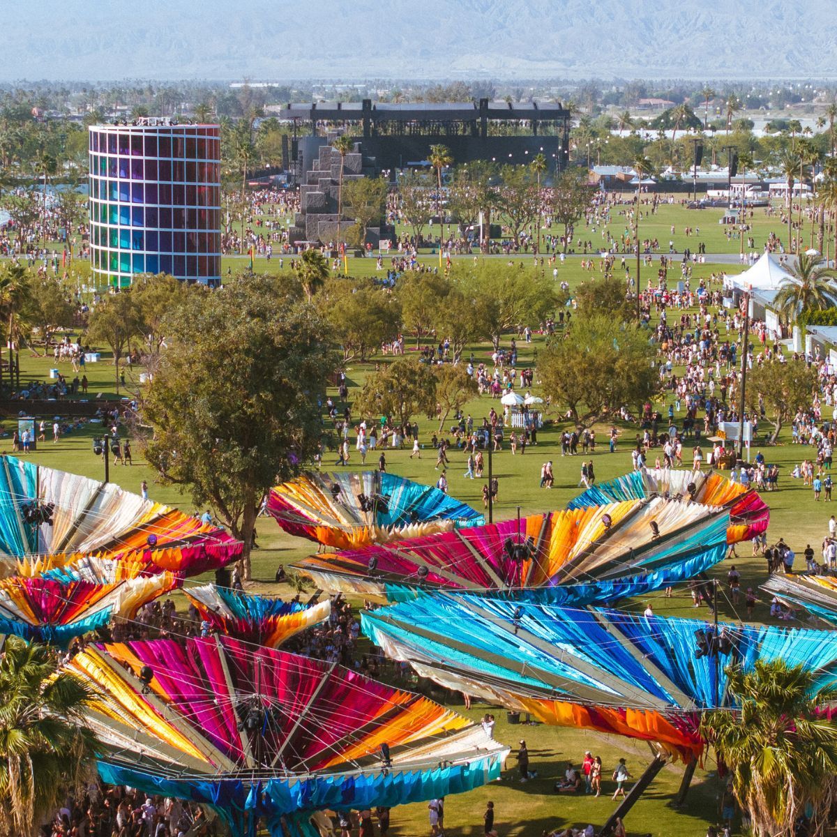 Two people on horseback ride on a sandy path in a desert landscape with Joshua trees and rock formations.